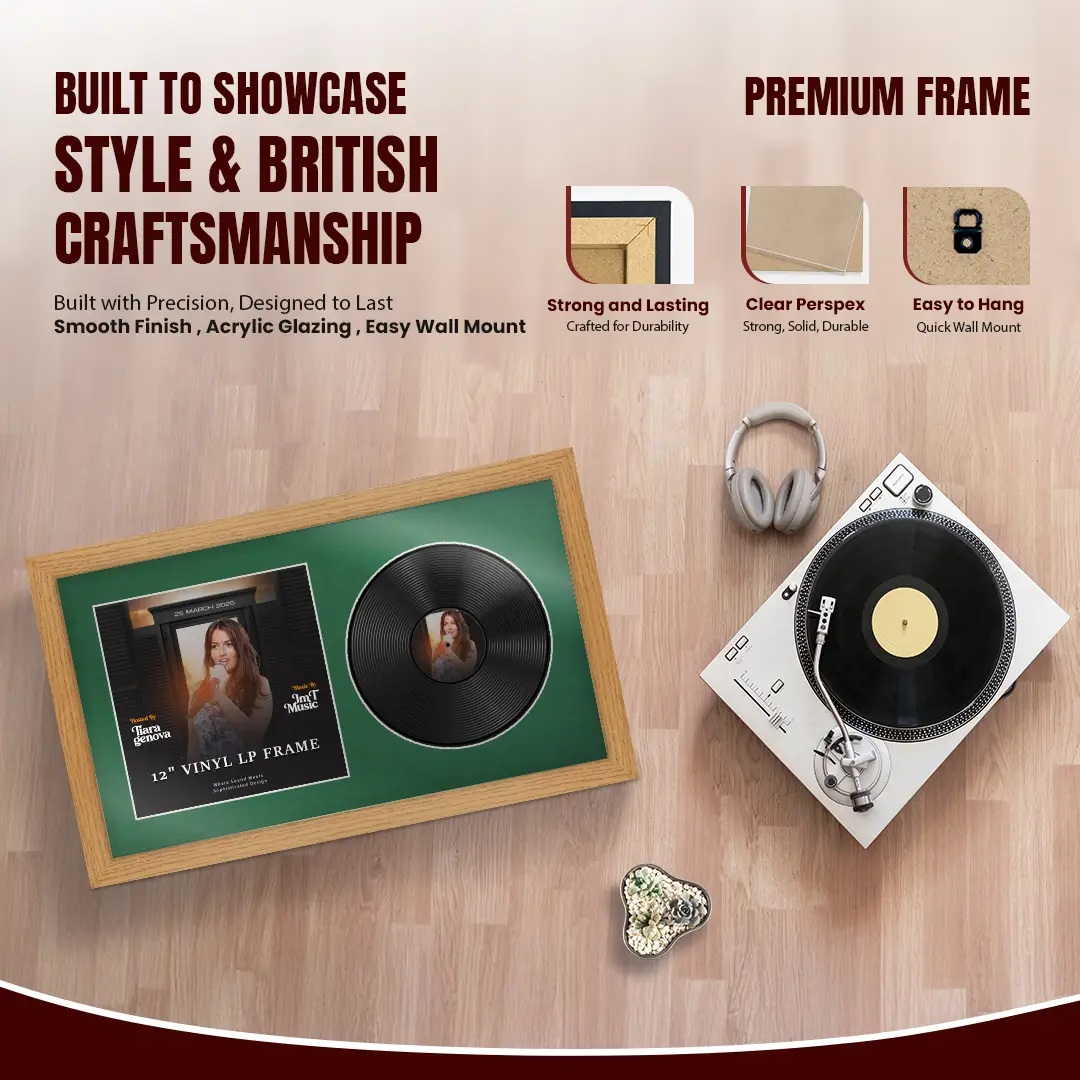 30x17" Modern Oak Vinyl Record Frame With Emerald (Green) Mount | Displays 12" LP Cover & Disc Side by Side thumbnail 2