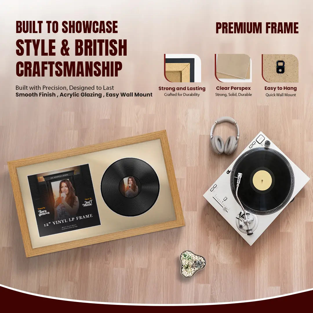 30x17" Modern Oak Vinyl Record Frame With Ivory Mount | Displays 12" LP Cover & Disc Side by Side thumbnail 2