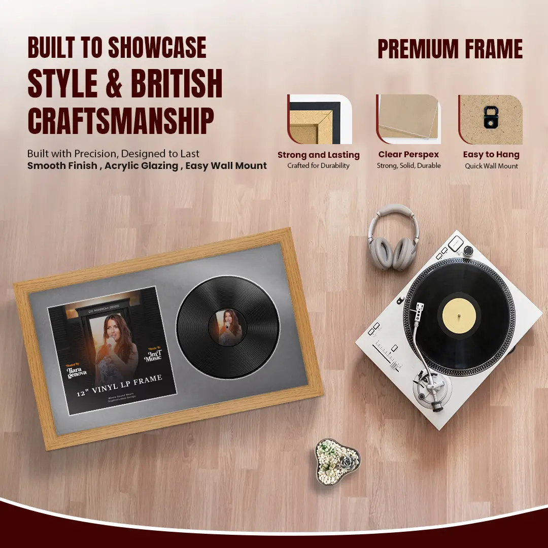 30x17" Modern Oak Vinyl Record Frame With Mid Grey Mount | For 12" LP Cover and Disc Side By Side Display thumbnail 2