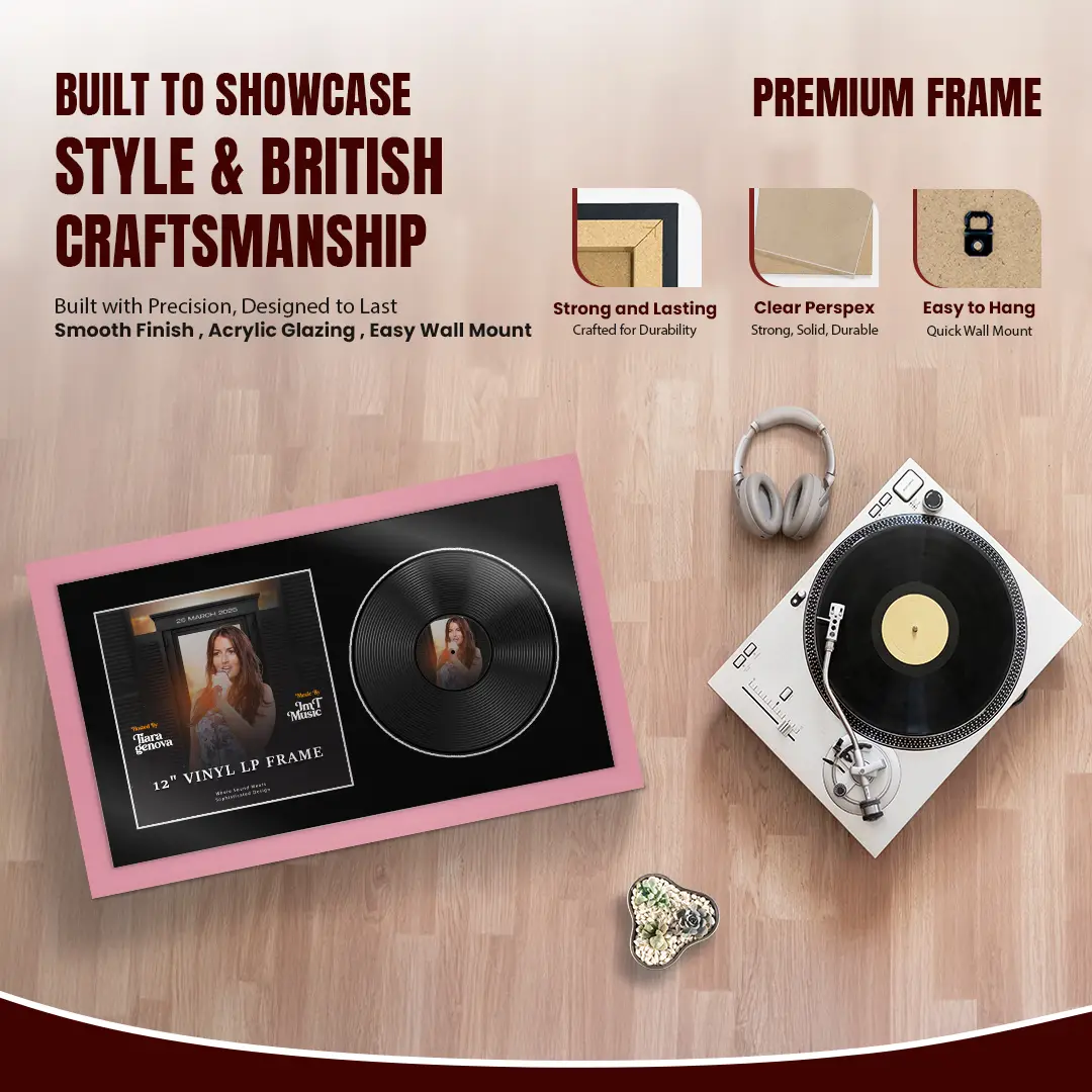 30x17" Modern Pastel Pink Vinyl Record Frame With Black Mount | Side by Side 12" LP Cover & Disc Display thumbnail 2