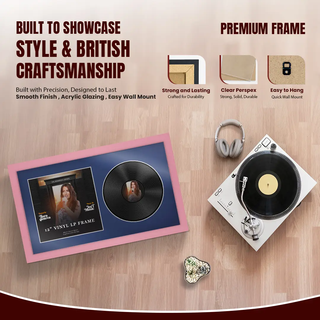 30x17" Modern Pastel Pink Vinyl Record Frame With Blue Mount | Displays 12" LP Cover & Disc Side by Side thumbnail 2