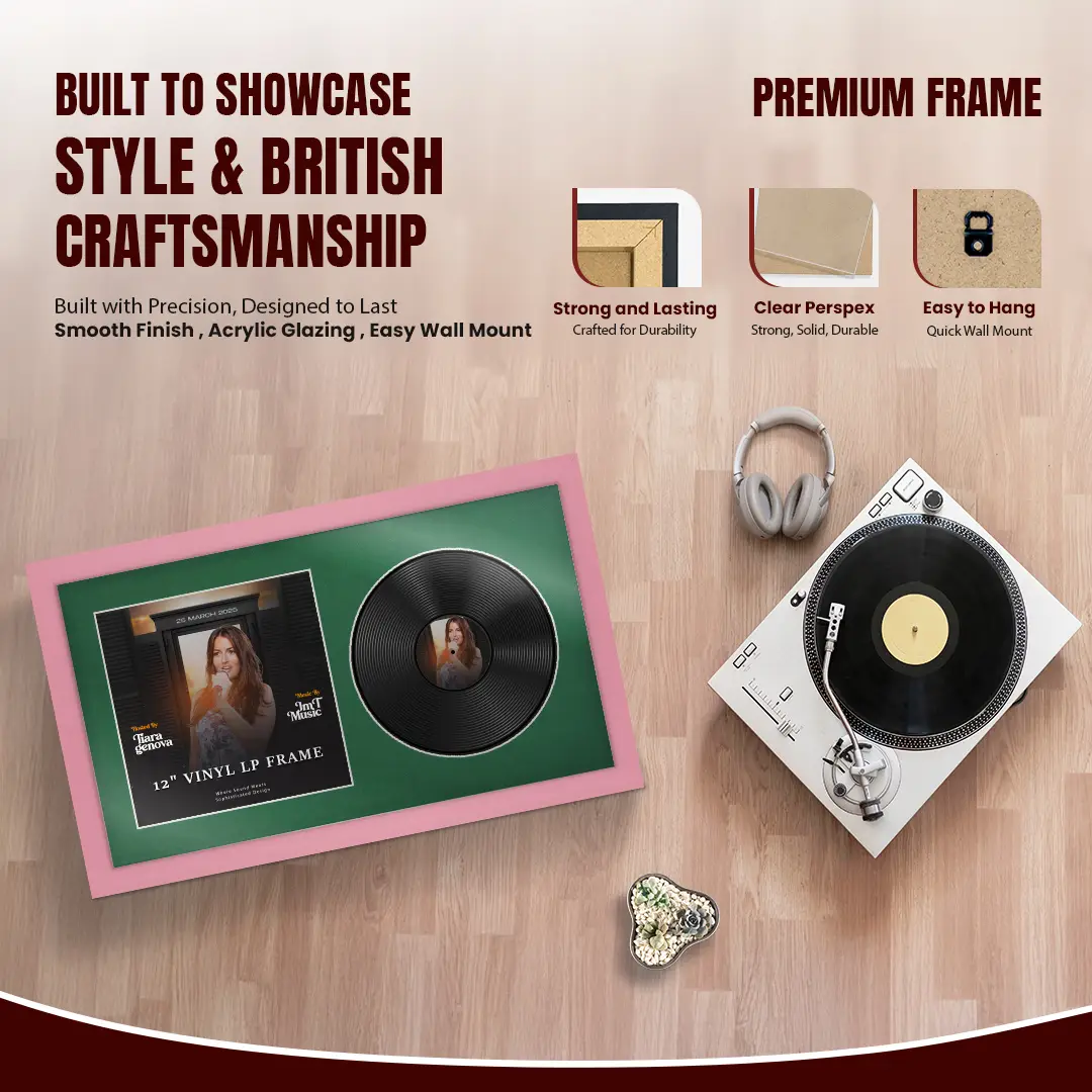 30x17" Modern Pastel Pink Vinyl Record Frame With Emerald (Green) Mount | Side by Side 12" LP Cover & Disc Display thumbnail 2