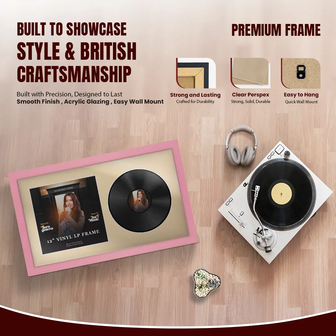 30x17" Modern Pastel Pink Vinyl Record Frame With Ivory Mount | Side by Side 12" LP Cover & Disc Display thumbnail 2