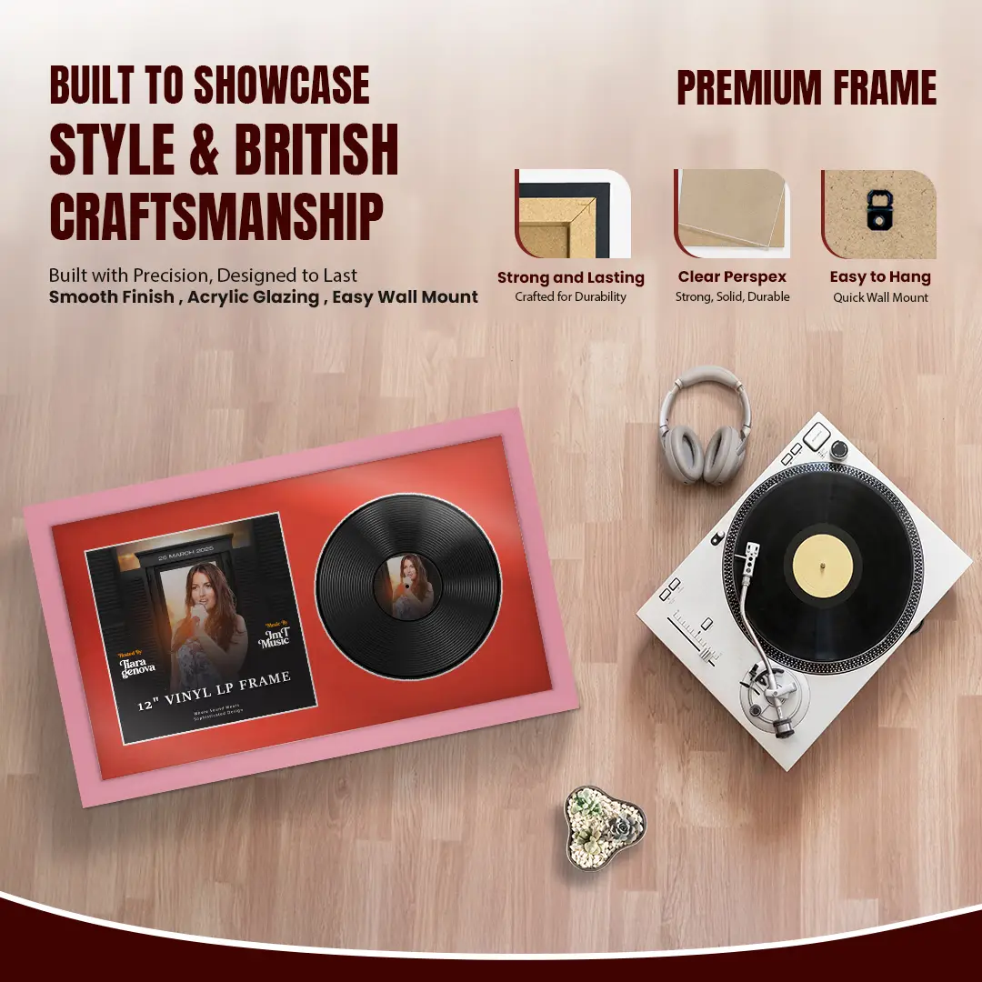 30x17" Modern Pastel Pink Vinyl Record Frame With Poppy Red Mount | Displays 12" LP Cover & Disc Side by Side thumbnail 2