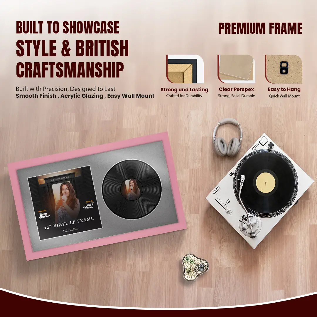30x17" Modern Pastel Pink Vinyl Record Frame With Silver Mount | Side by Side 12" LP Cover & Disc Display thumbnail 2