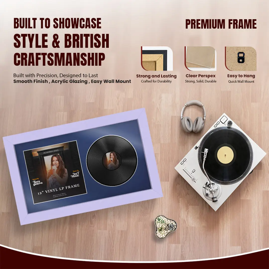30x17" Modern Purple Vinyl Record Frame With Blue Mount | Displays 12" LP Cover & Disc Side by Side thumbnail 2