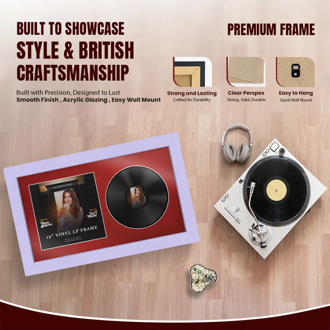 30x17" Modern Purple Vinyl Record Frame With Crimson Mount | For 12" LP Cover and Disc Side By Side Display thumbnail 2