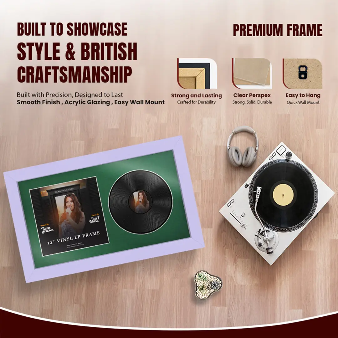 30x17" Modern Purple Vinyl Record Frame With Emerald (Green) Mount | For 12" LP Cover and Disc Side By Side Display thumbnail 2
