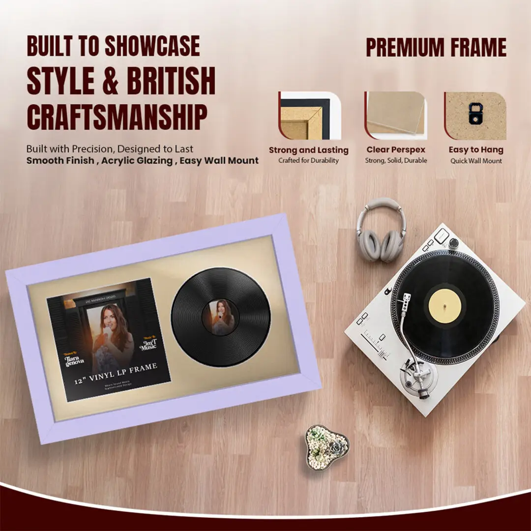 30x17" Modern Purple Vinyl Record Frame With Ivory Mount | Displays 12" LP Cover & Disc Side by Side thumbnail 2