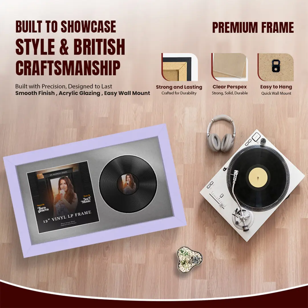 30x17" Modern Purple Vinyl Record Frame With Silver Mount | Displays 12" LP Cover & Disc Side by Side thumbnail 2