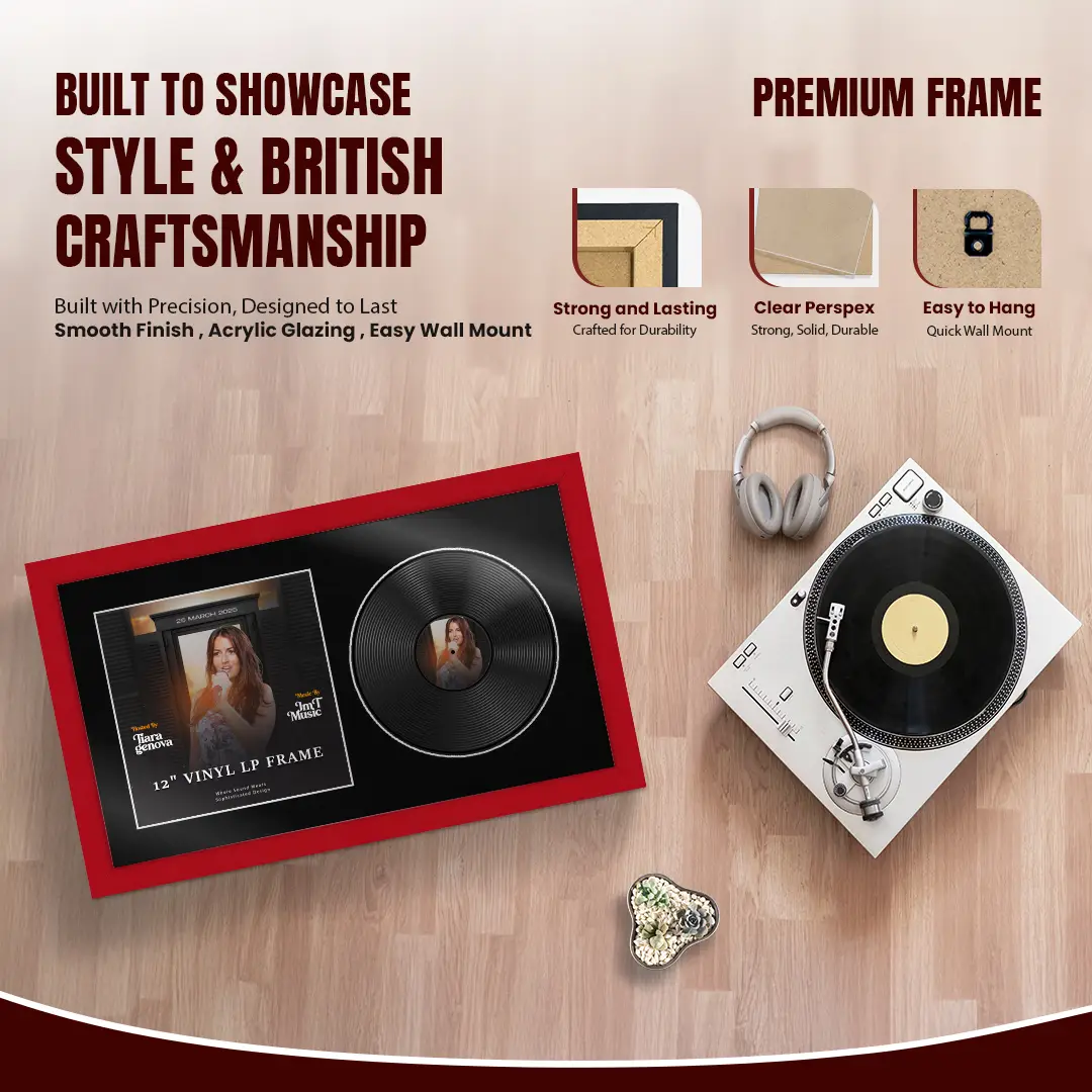 30x17" Modern Red Vinyl Record Frame With Black Mount | Displays 12" LP Cover & Disc Side by Side thumbnail 2