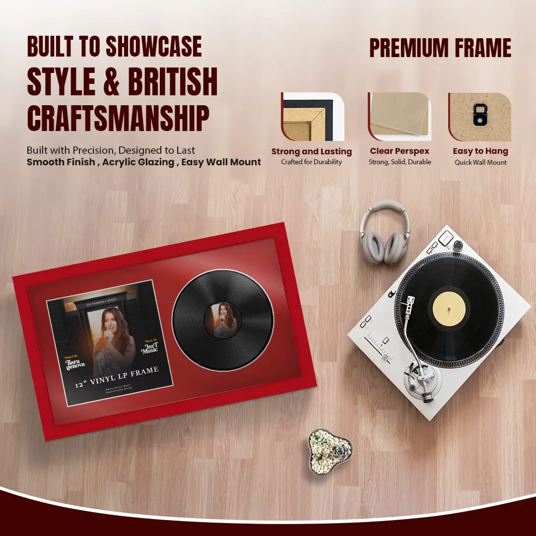 30x17" Modern Red Vinyl Record Frame With Crimson Mount | Side by Side 12" LP Cover & Disc Display thumbnail 2