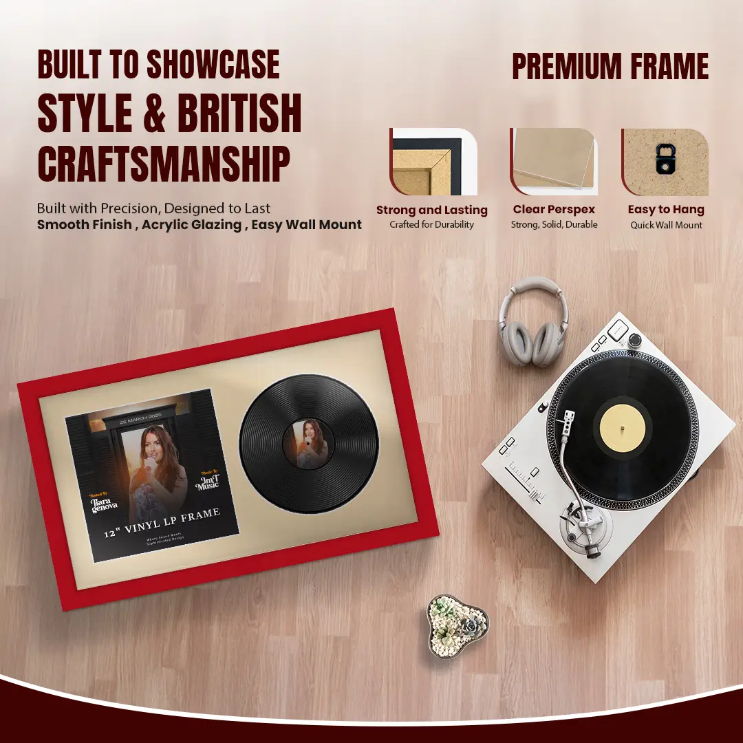 30x17" Modern Red Vinyl Record Frame With Ivory Mount | Side by Side 12" LP Cover & Disc Display thumbnail 2