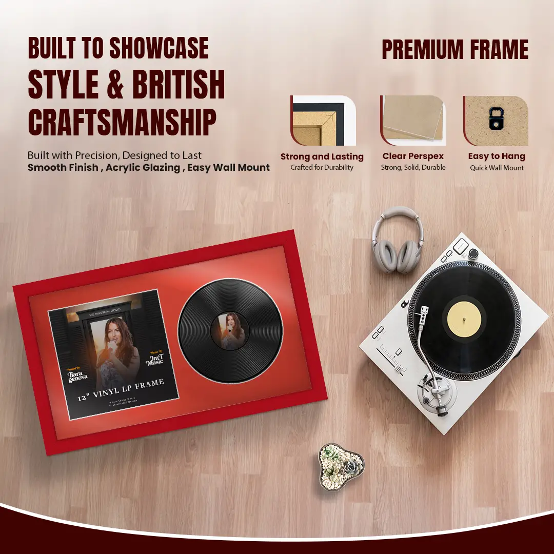 30x17" Modern Red Vinyl Record Frame With Poppy Red Mount | For 12" LP Cover and Disc Side By Side Display thumbnail 2