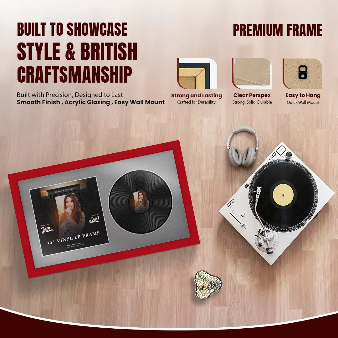 30x17" Modern Red Vinyl Record Frame With Silver Mount | Displays 12" LP Cover & Disc Side by Side thumbnail 2