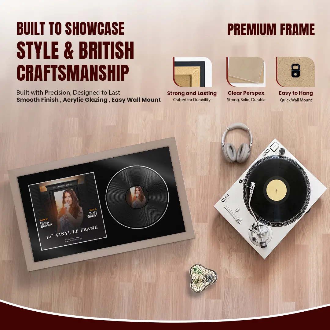 30x17" Modern Rose Gold Vinyl Record Frame With Black Mount | Side by Side 12" LP Cover & Disc Display thumbnail 2
