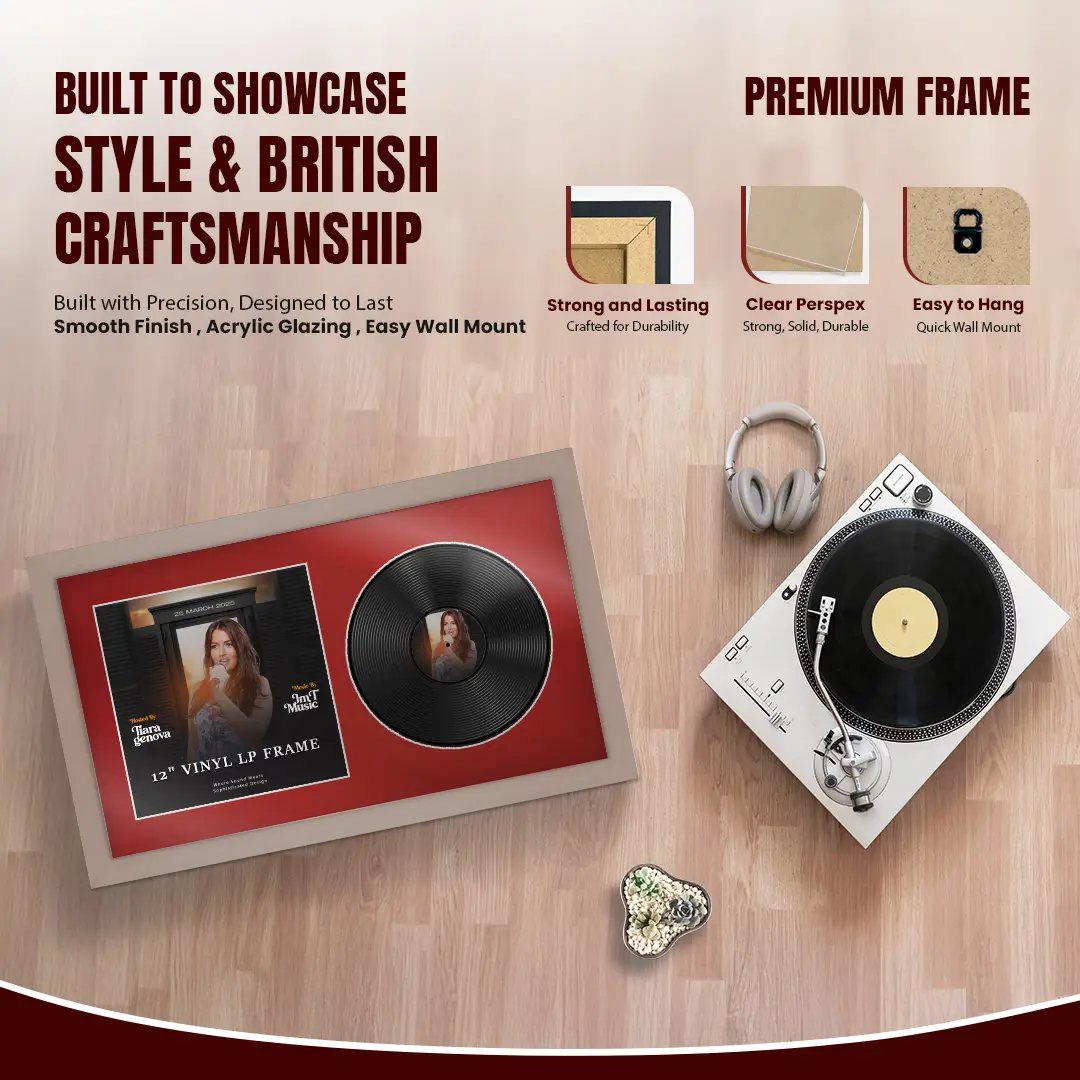 30x17" Modern Rose Gold Vinyl Record Frame With Crimson Mount | Displays 12" LP Cover & Disc Side by Side thumbnail 2