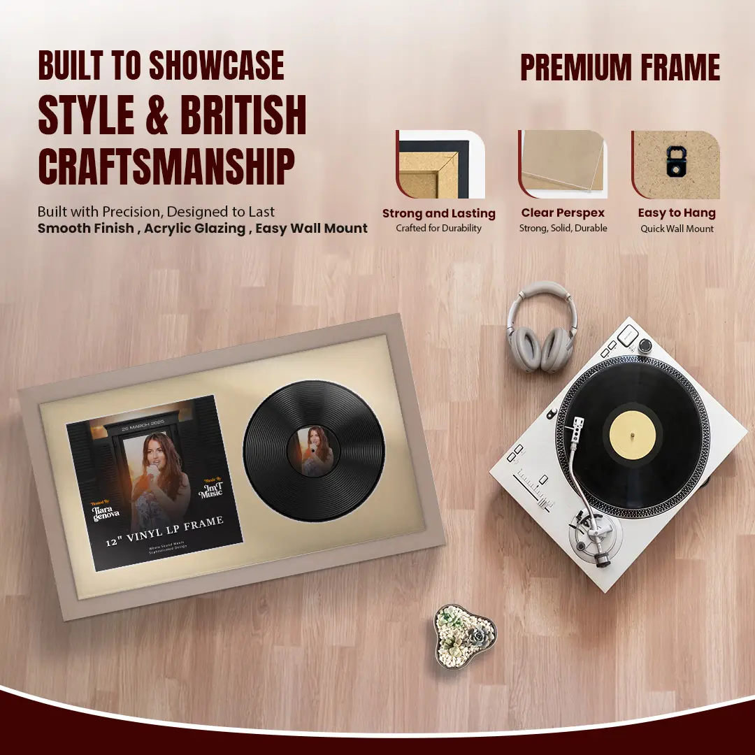 30x17" Modern Rose Gold Vinyl Record Frame With Ivory Mount | For 12" LP Cover and Disc Side By Side Display thumbnail 2