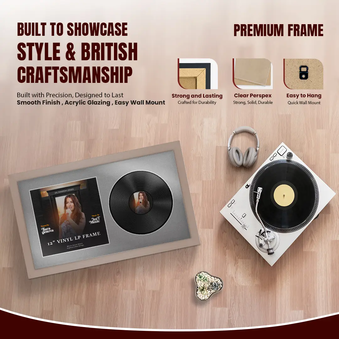 30x17" Modern Rose Gold Vinyl Record Frame With Silver Mount | For 12" LP Cover and Disc Side By Side Display thumbnail 2