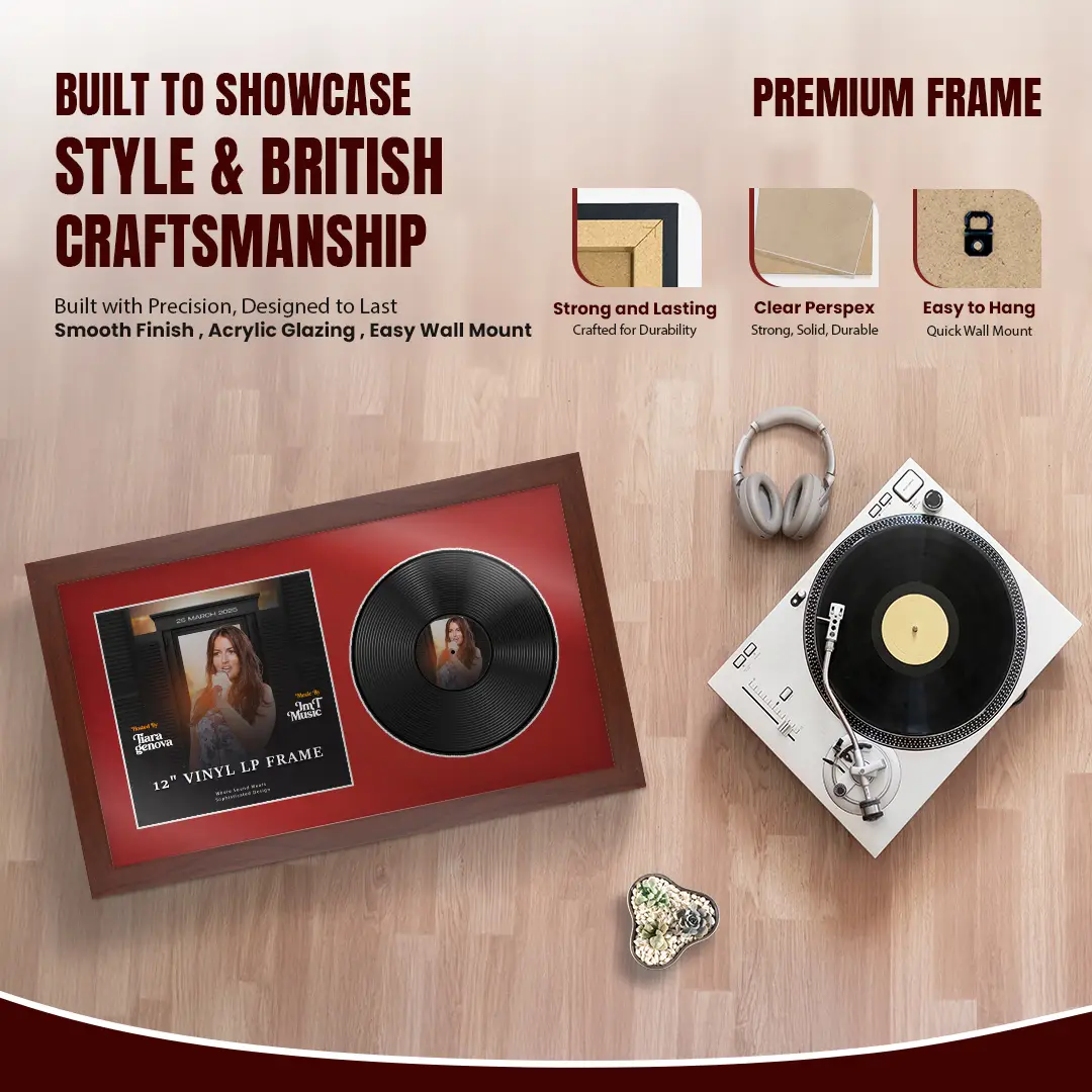 30x17" Modern Rose Wood Vinyl Record Frame With Crimson Mount | Side by Side 12" LP Cover & Disc Display thumbnail 2