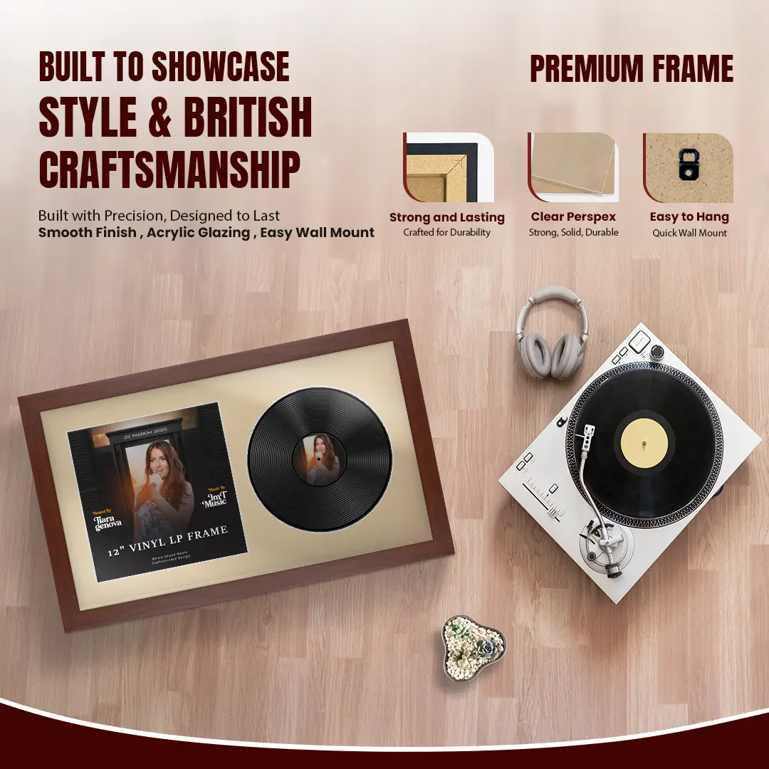 30x17" Modern Rose Wood Vinyl Record Frame With Ivory Mount | For 12" LP Cover and Disc Side By Side Display thumbnail 2