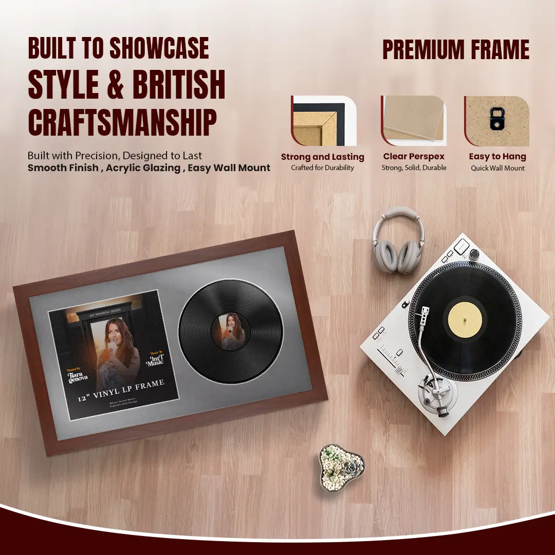 30x17" Modern Rose Wood Vinyl Record Frame With Mid Grey Mount | Side by Side 12" LP Cover & Disc Display thumbnail 2