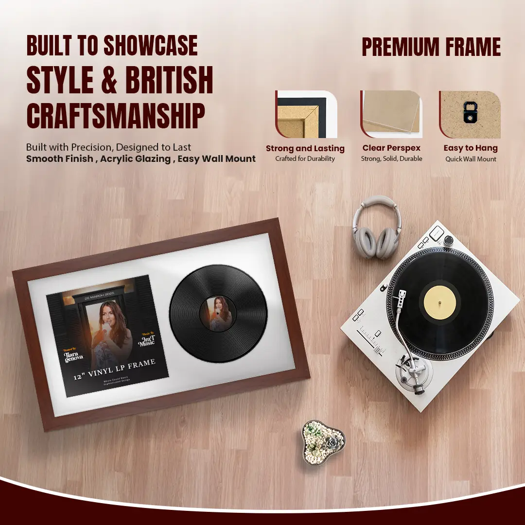 30x17" Modern Rose Wood Vinyl Record Frame With Ice White Mount | For 12" LP Cover and Disc Side By Side Display thumbnail 2