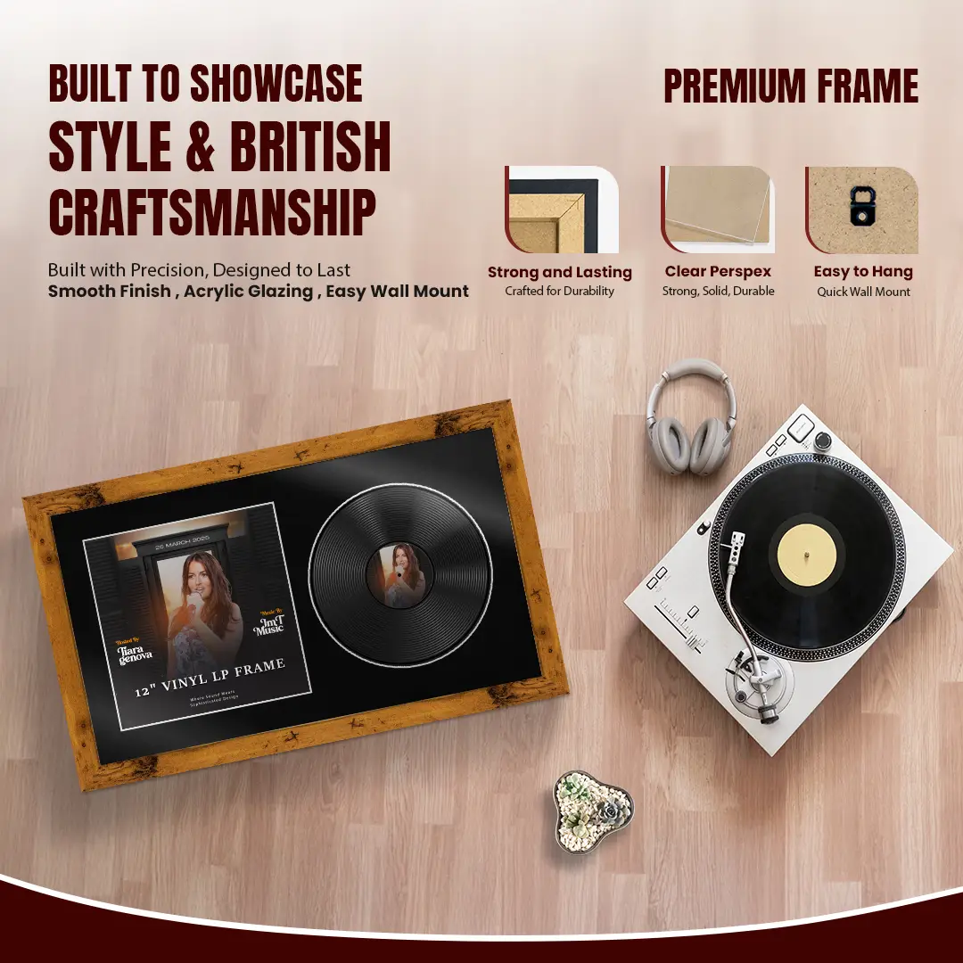 30x17" Modern Rustic Oak Vinyl Record Frame With Black Mount | Displays 12" LP Cover & Disc Side by Side thumbnail 2