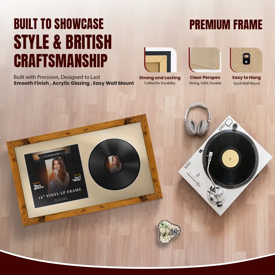 30x17" Modern Rustic Oak Vinyl Record Frame With Ivory Mount | Side by Side 12" LP Cover & Disc Display thumbnail 2