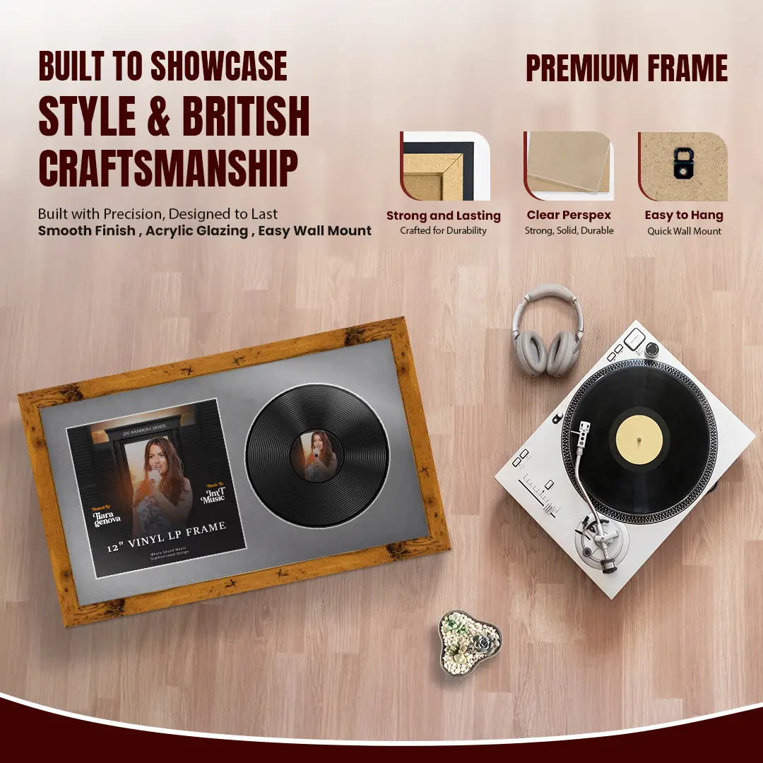 30x17" Modern Rustic Oak Vinyl Record Frame With Mid Grey Mount | Side by Side 12" LP Cover & Disc Display thumbnail 2