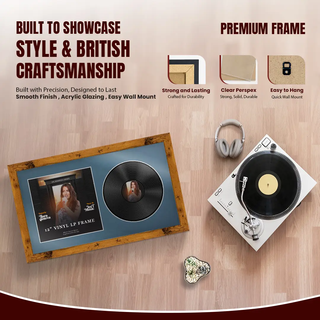 30x17" Modern Rustic Oak Vinyl Record Frame With Pompador Mount | For 12" LP Cover and Disc Side By Side Display thumbnail 2