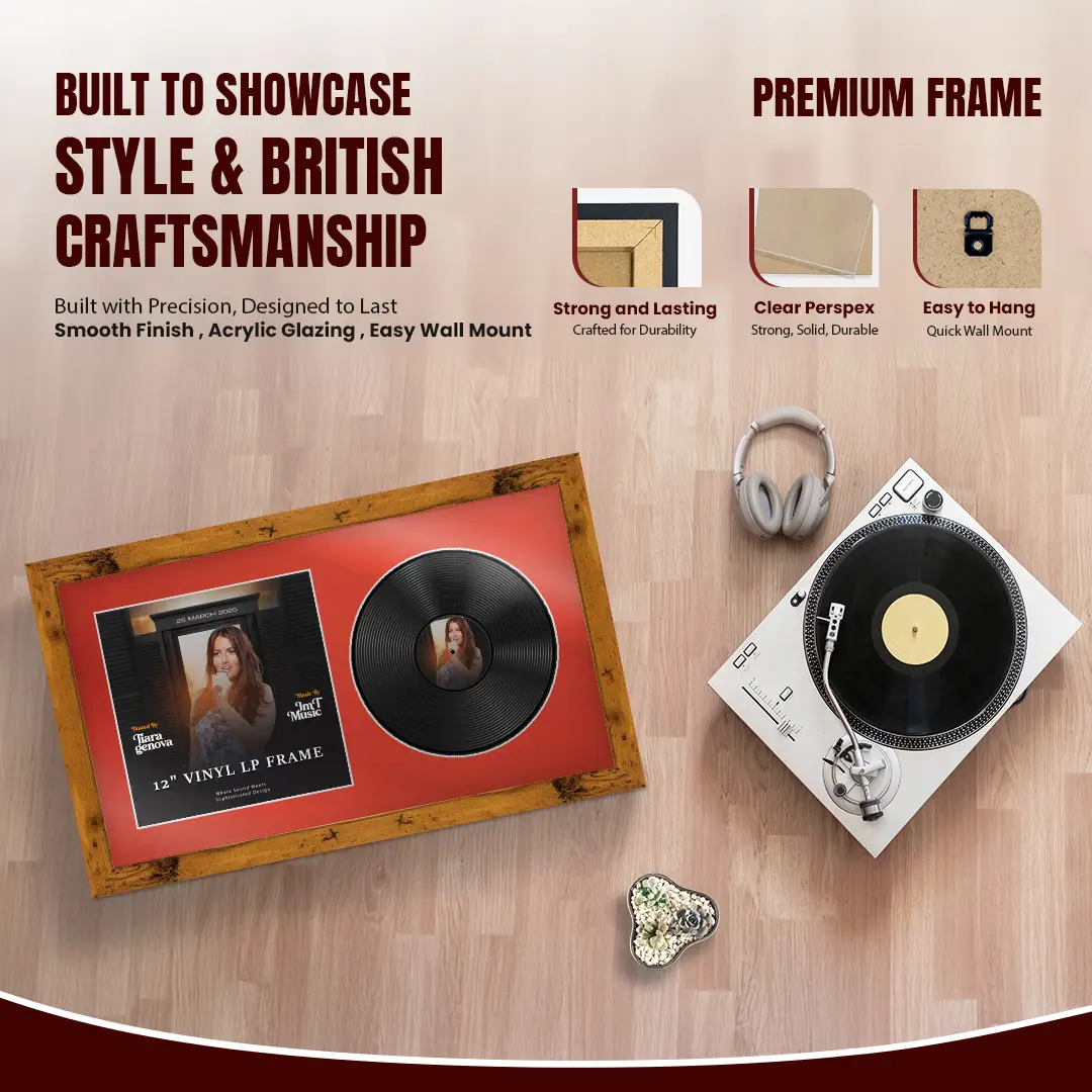 30x17" Modern Rustic Oak Vinyl Record Frame With Poppy Red Mount | For 12" LP Cover and Disc Side By Side Display thumbnail 2