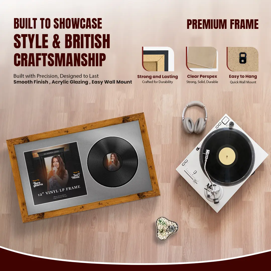 30x17" Modern Rustic Oak Vinyl Record Frame With Silver Mount | For 12" LP Cover and Disc Side By Side Display thumbnail 2