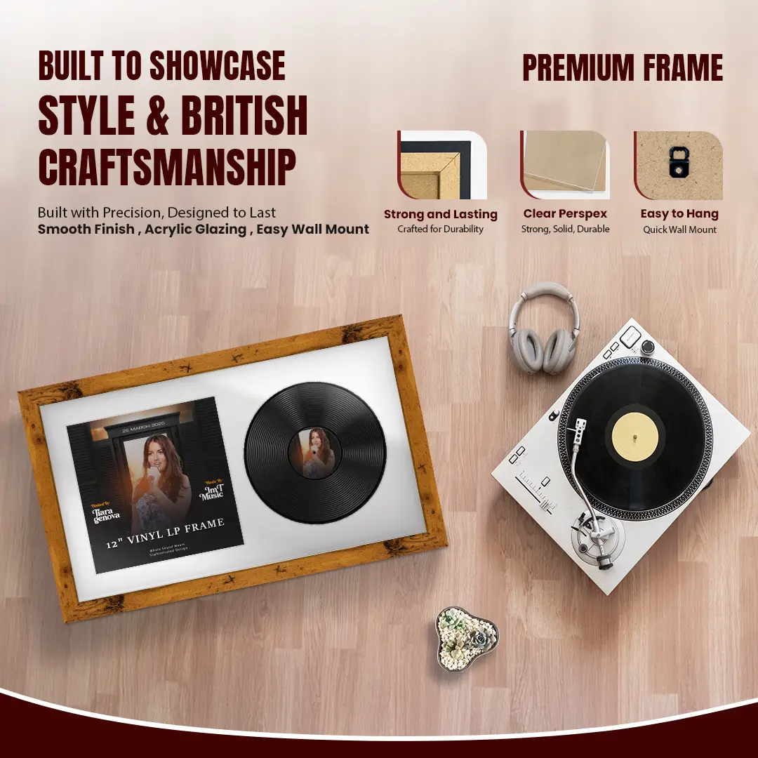 30x17" Modern Rustic Oak Vinyl Record Frame With Ice White Mount | Side by Side 12" LP Cover & Disc Display thumbnail 2