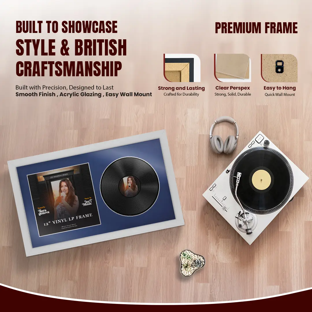 30x17" Modern Silver Vinyl Record Frame With Blue Mount | Displays 12" LP Cover & Disc Side by Side thumbnail 2