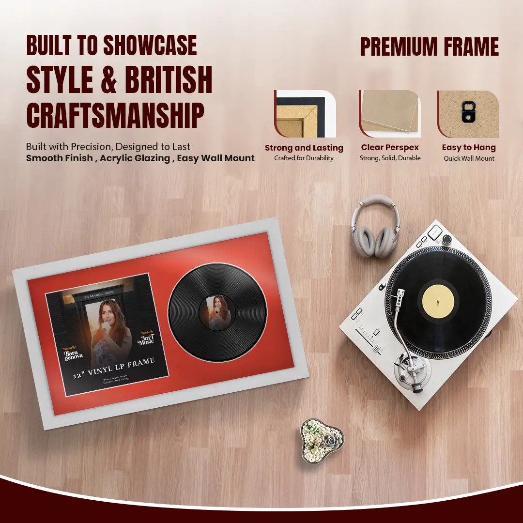 30x17" Modern Silver Vinyl Record Frame With Poppy Red Mount | For 12" LP Cover and Disc Side By Side Display thumbnail 2