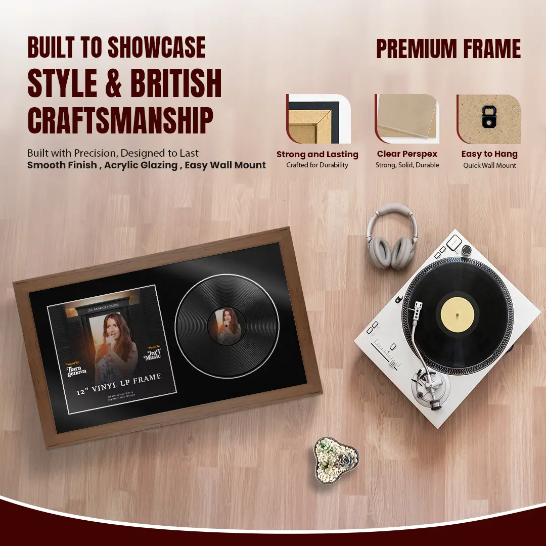 30x17" Modern Walnut Vinyl Record Frame With Black Mount | Side by Side 12" LP Cover & Disc Display thumbnail 2