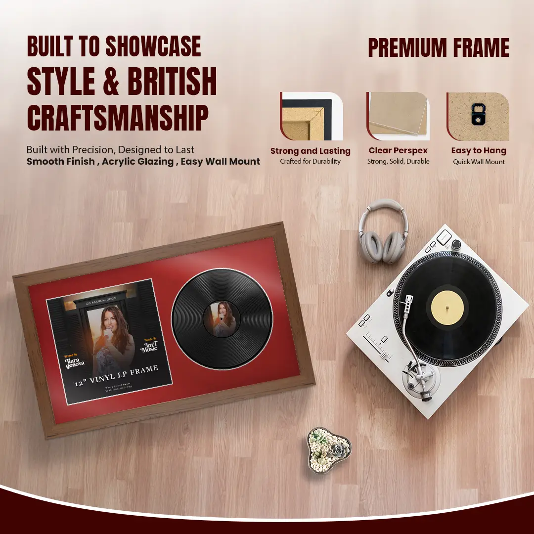 30x17" Modern Walnut Vinyl Record Frame With Crimson Mount | Side by Side 12" LP Cover & Disc Display thumbnail 2