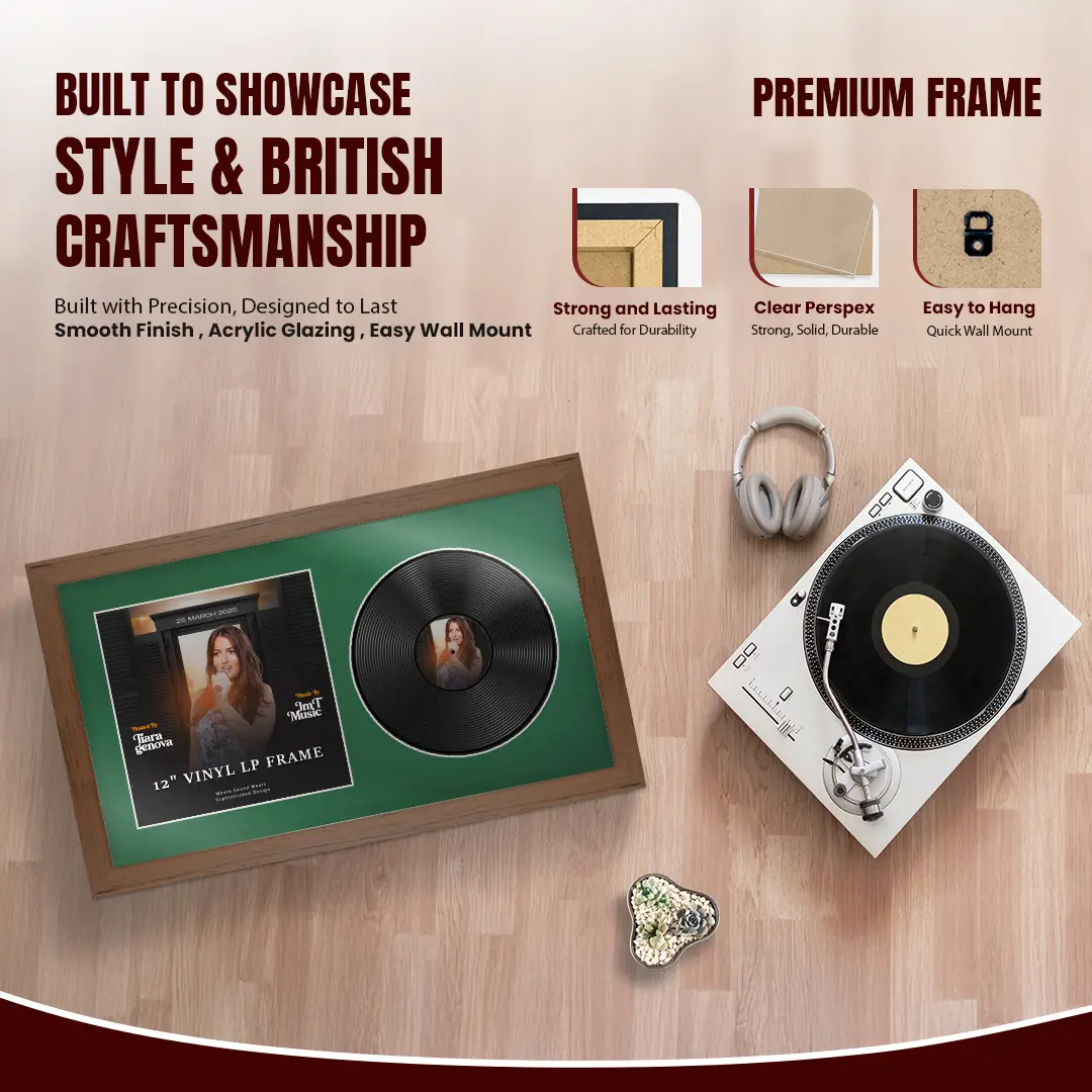 30x17" Modern Walnut Vinyl Record Frame With Emerald (Green) Mount | Side by Side 12" LP Cover & Disc Display thumbnail 2