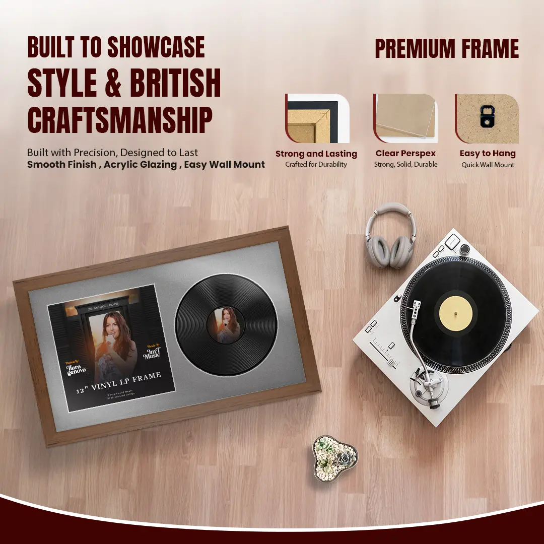 30x17" Modern Walnut Vinyl Record Frame With Silver Mount | Side by Side 12" LP Cover & Disc Display thumbnail 2