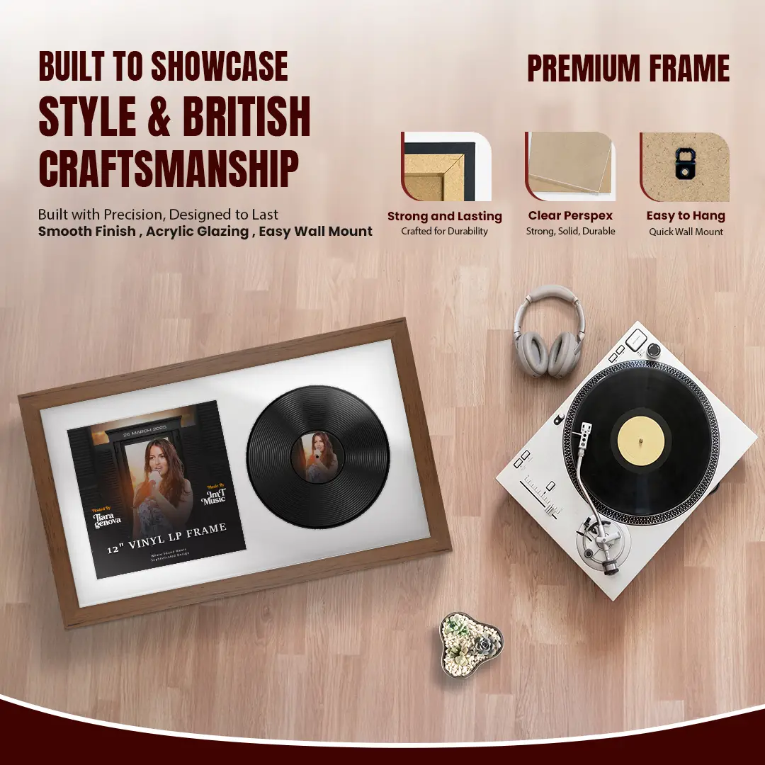 30x17" Modern Walnut Vinyl Record Frame With Ice White Mount | For 12" LP Cover and Disc Side By Side Display thumbnail 2