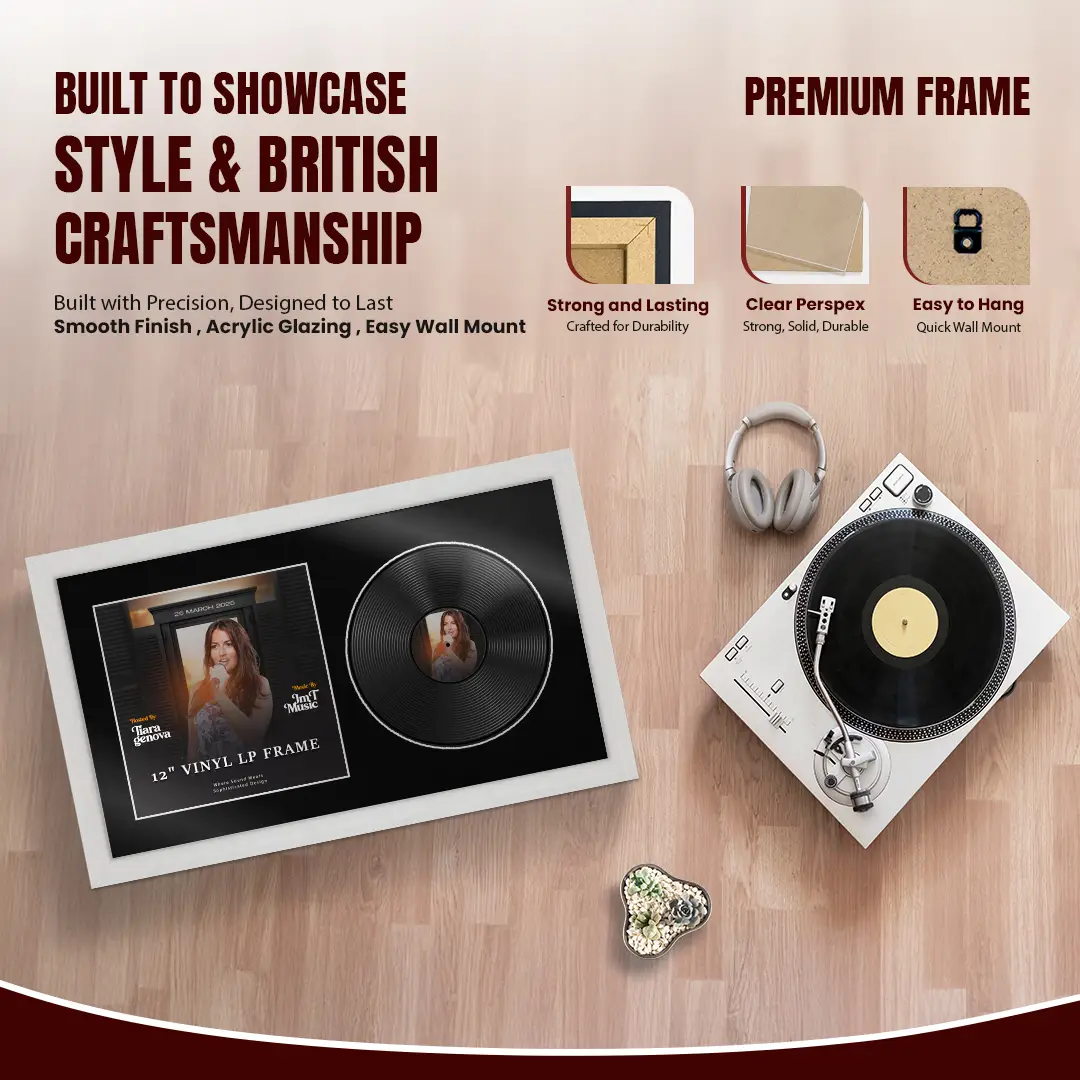 30x17" Modern Ash White Vinyl Record Frame With Black Mount | For 12" LP Cover and Disc Side By Side Display thumbnail 2