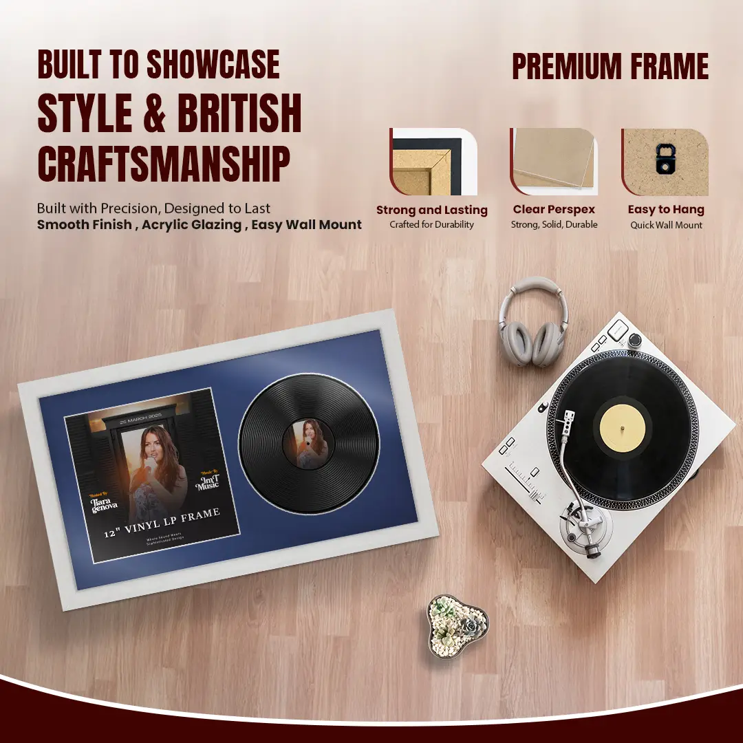 30x17" Modern Ash White Vinyl Record Frame With Blue Mount | Side by Side 12" LP Cover & Disc Display thumbnail 2