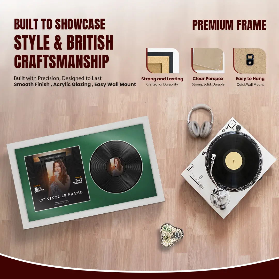 30x17" Modern Ash White Vinyl Record Frame With Emerald (Green) Mount | For 12" LP Cover and Disc Side By Side Display thumbnail 2