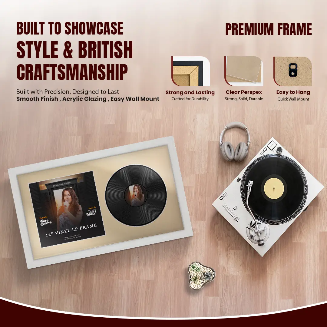 30x17" Modern Ash White Vinyl Record Frame With Ivory Mount | For 12" LP Cover and Disc Side By Side Display thumbnail 2