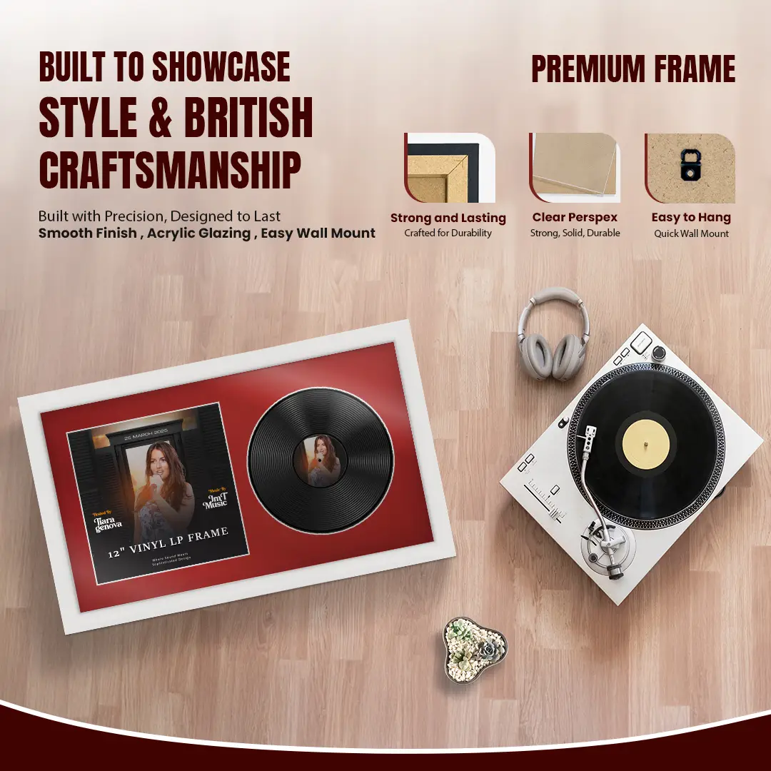 30x17" Modern White Vinyl Record Frame With Crimson Mount | For 12" LP Cover and Disc Side By Side Display thumbnail 2