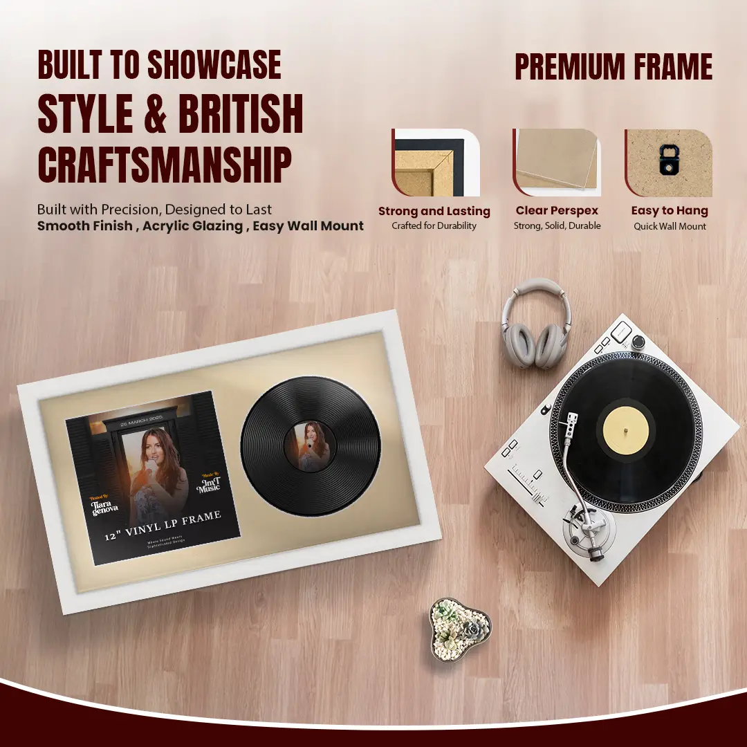 30x17" Modern White Vinyl Record Frame With Ivory Mount | For 12" LP Cover and Disc Side By Side Display thumbnail 2