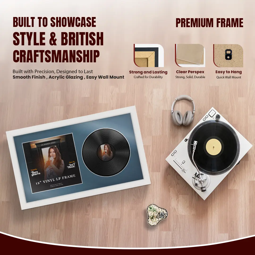 30x17" Modern White Vinyl Record Frame With Pompador Mount | For 12" LP Cover and Disc Side By Side Display thumbnail 2