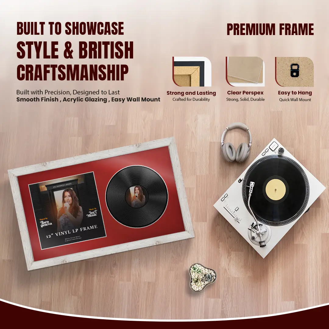 30x17" Modern White Rustic Vinyl Record Frame With Crimson Mount | Displays 12" LP Cover & Disc Side by Side thumbnail 2
