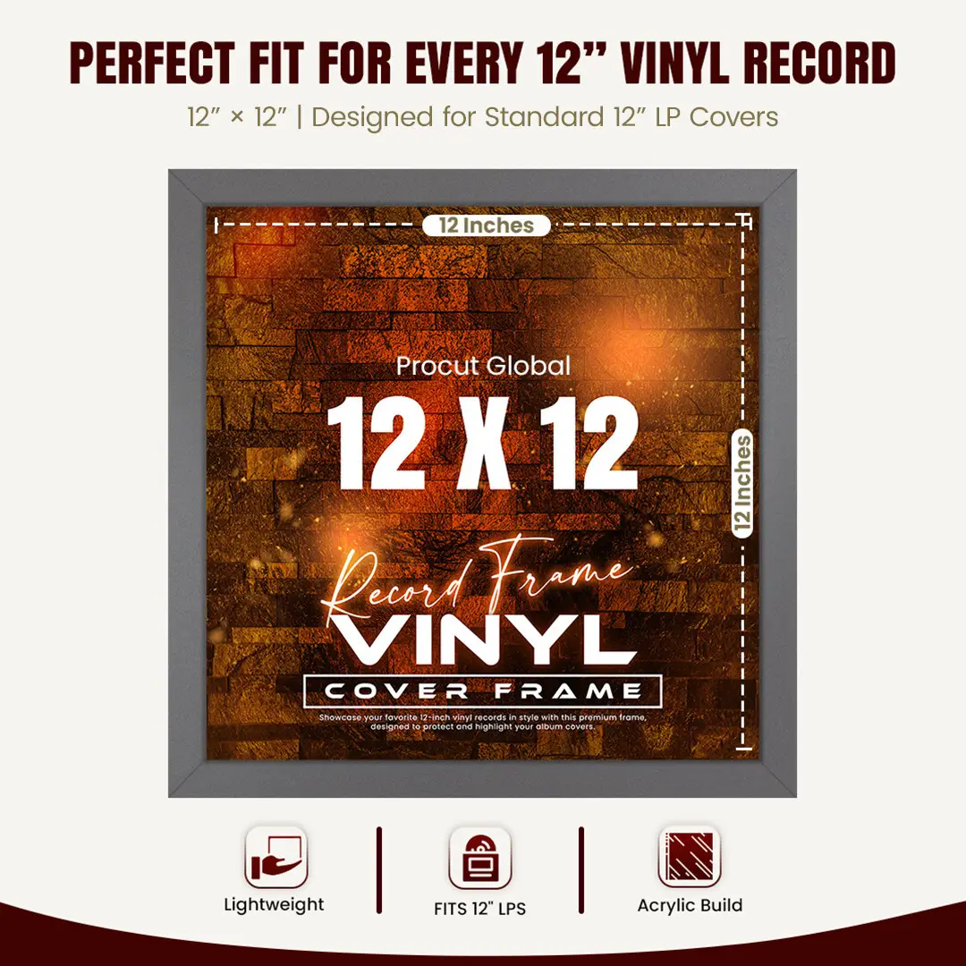 12x12" Modern Dark Grey Vinyl Record Frame For 12" LP Album Covers | Premium Wall Frame For Music Lovers thumbnail 3